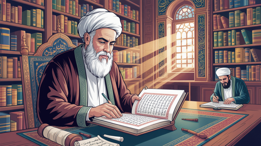 Ilustrasi cendikiawan Islam sedang mempelajari kitab tafsir Al-Qur'an