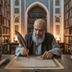 Ilustrasi cendikiawan Islam sedang menulis tafsir Al-Qur'an dengan latar perpustakaan klasik