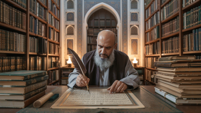 Ilustrasi cendikiawan Islam sedang menulis tafsir Al-Qur'an dengan latar perpustakaan klasik