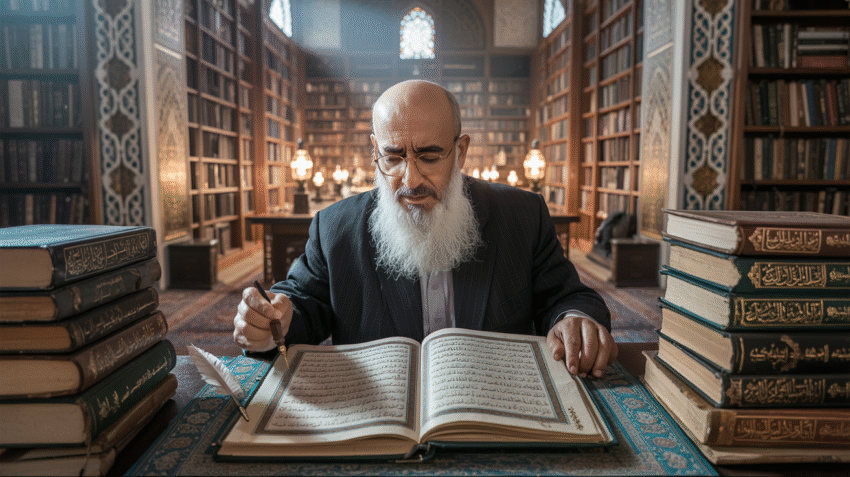 Ilustrasi cendikiawan muslim sedang mempelajari kitab tafsir Al-Quran di perpustakaan klasik