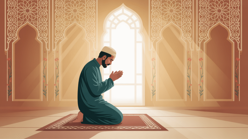Ilustrasi doa di hari Jumat pagi dengan suasana tenang dan cahaya matahari pagi