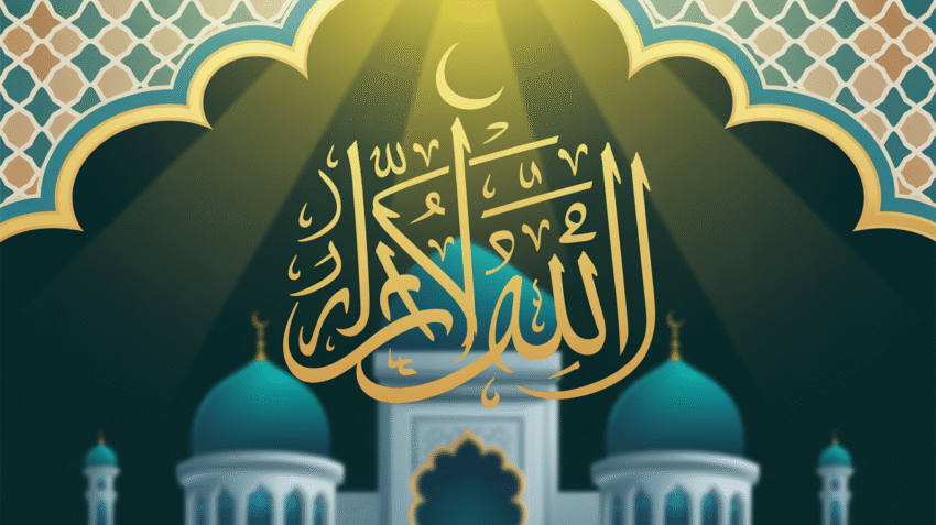 Ilustrasi doa hari Jumat penuh berkah dengan kaligrafi Arab dan background masjid