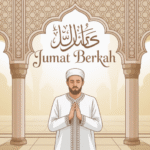 Ilustrasi doa Jumat berkah dengan kaligrafi Arab dan suasana masjid