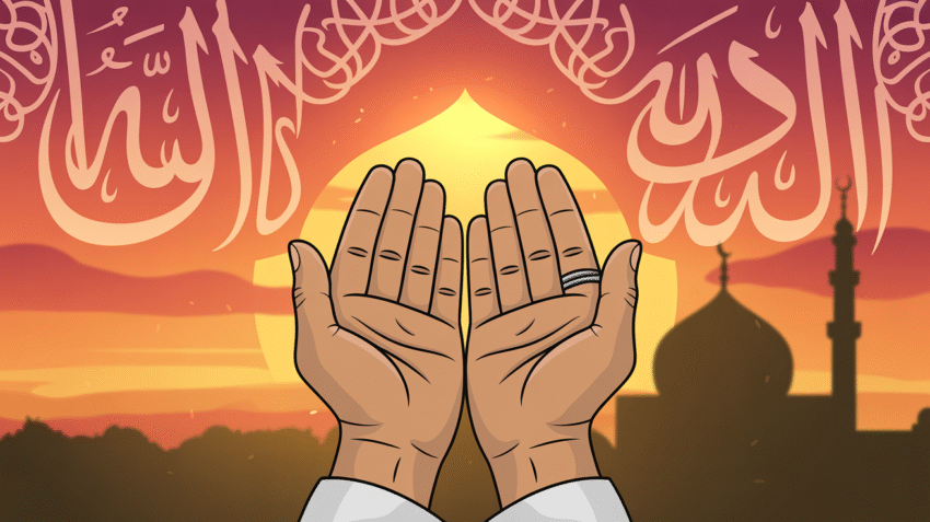 Ilustrasi doa menjelang sore dengan latar matahari terbenam dan tangan berdoa