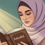 Ilustrasi muslimah membaca doa pendek sehari-hari dengan background yang tenang