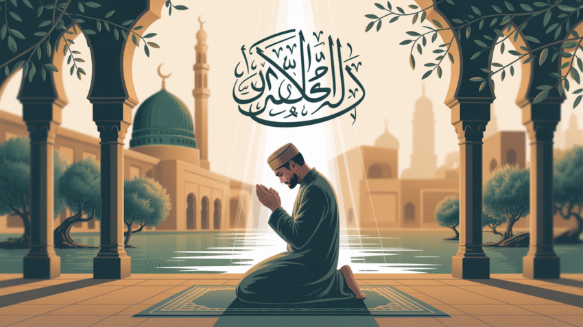 Ilustrasi doa rezeki lancar dan berkah dengan latar masjid dan cahaya spiritual