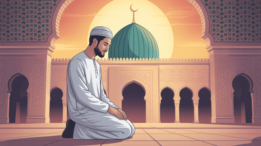 Ilustrasi muslim sedang berdoa dengan latar masjid