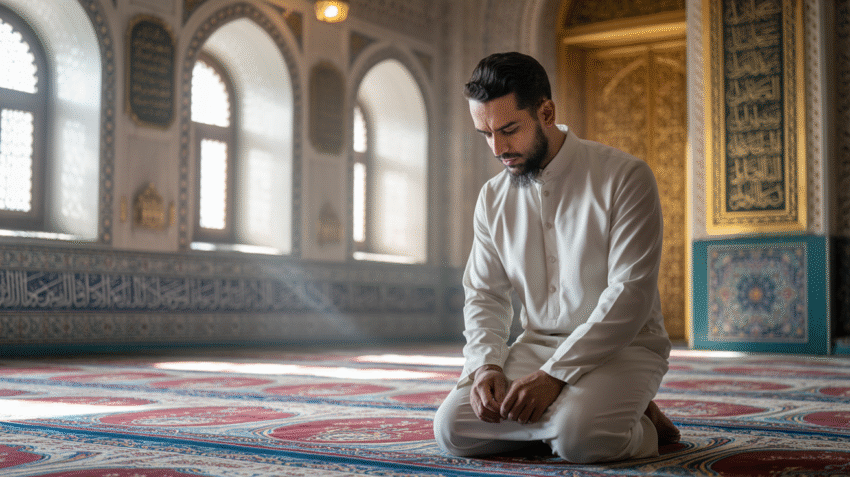 Ilustrasi muslim sedang melaksanakan shalat sunnah dzuhur di masjid
