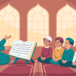 Ilustrasi pelajaran aqidah akhlak dengan simbol islam dan pendidikan karakter
