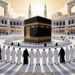 Ilustrasi jamaah haji sedang tawaf di Ka'bah dengan suasana spiritual