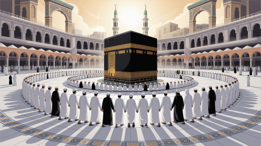 Ilustrasi jamaah haji sedang tawaf di Ka'bah dengan suasana spiritual