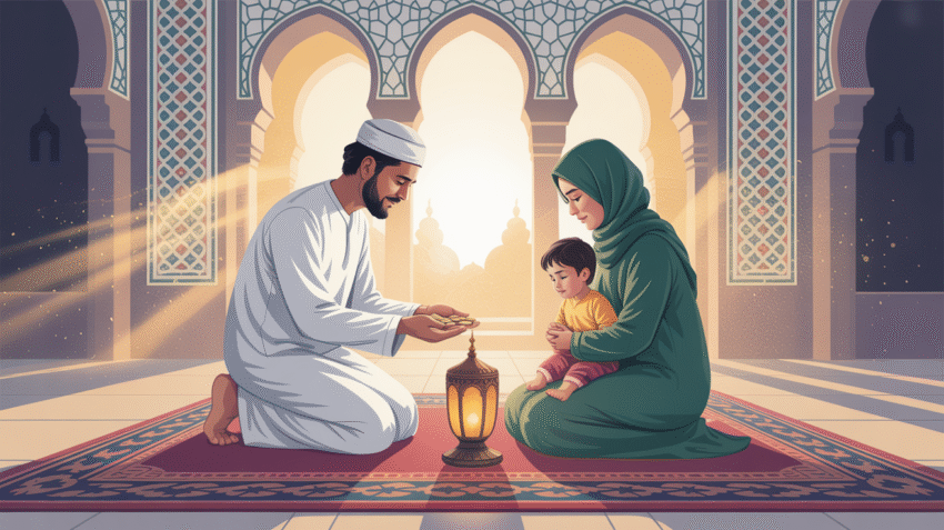 Ilustrasi sedekah subuh di masjid dengan cahaya matahari pagi