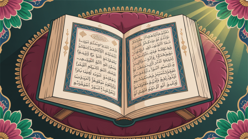 Ilustrasi Al-Qur'an terbuka dengan cahaya ilahi dan tulisan Arab tentang kelahiran