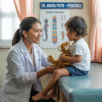 Portrait of Dr. Anita Rachmawati, pediatrician, with a child patient