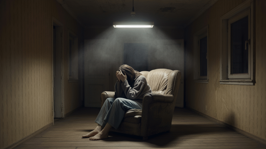 Ilustrasi depresi dengan latar belakang yang gelap dan seseorang yang merasa cemas.