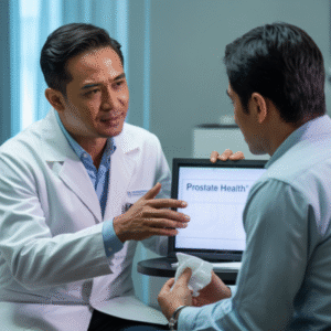 Portrait of Dr. Arya Pratama, urologist, in a consultation room with a patient