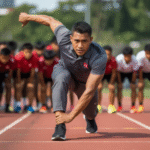 Portrait of Budi Santoso, sports coach, on a running track