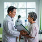 Portrait of Dr. Dian Setiawan, geriatric specialist, with elderly patients