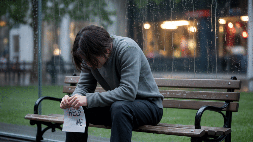 Ilustrasi seseorang yang sedang berjuang dengan depresi mayor, dengan latar belakang yang menggambarkan perasaan tertekan