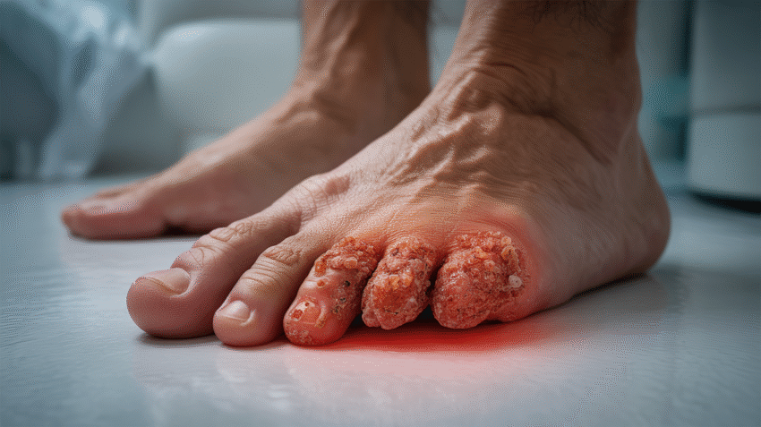 Ilustrasi gout artritis yang menampilkan sendi yang bengkak dan merah