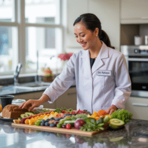 Portrait of Lina Puspita, dietitian with a healthy food spread