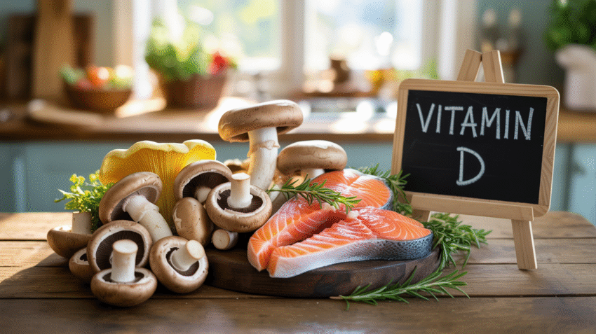 Ilustrasi vitamin D dalam makanan dan sinar matahari