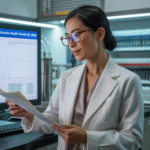 Portrait of Prof. Maya Pramudita, geriatric expert, in a research environment