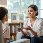 Portrait of Dra. Melani Sari, psychologist, in a therapy session