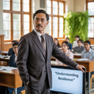 Portrait of Prof. Rudi Haryanto, psychologist, giving a lecture