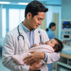 Portrait of Dr. Rudi Kurniawan, pediatrician, with an infant patient