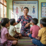 Portrait of Dra. Yulia Setiawati, health educator, with a child in a classroom