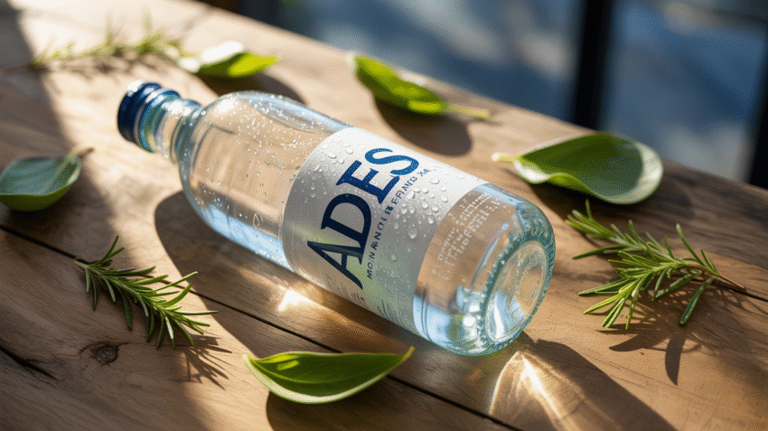 Botol Ades air mineral dengan tetesan air segar di latar belakang natural