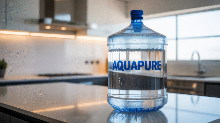 Air le mineral dalam kemasan galon besar di meja dapur