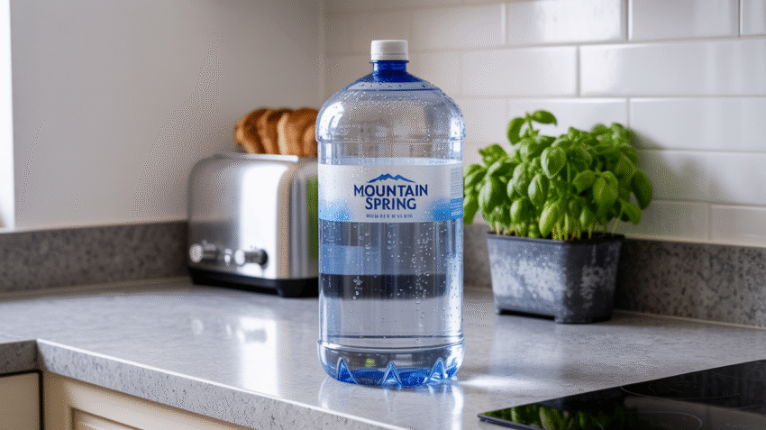 Air mineral 1.5 liter botol di meja dapur