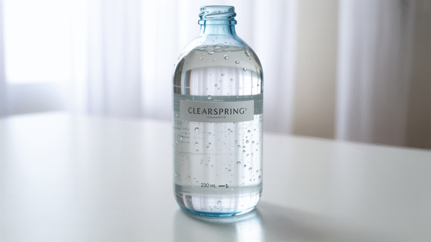 Botol air mineral 220 ml segar dengan tetesan air di permukaan