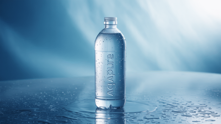 Botol air mineral 500 ml dengan tetesan air segar di latar belakang biru