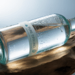 Botol air mineral 500ml dengan tetesan air segar di latar belakang natural