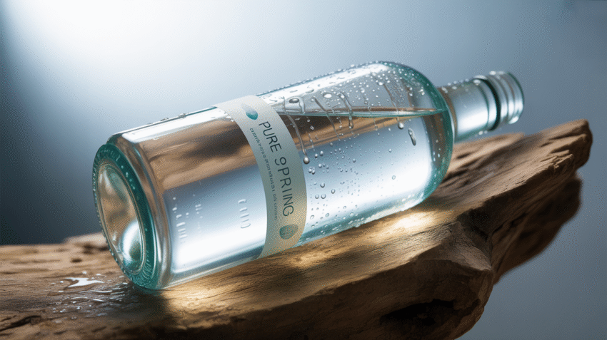 Botol air mineral 500ml dengan tetesan air segar di latar belakang natural