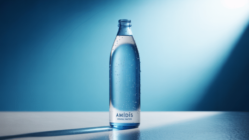Botol air mineral Amidis dengan tetesan air segar di latar belakang biru