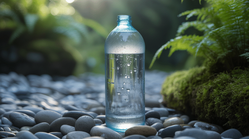 Botol air mineral Aqua dengan tetesan air segar di latar belakang natural