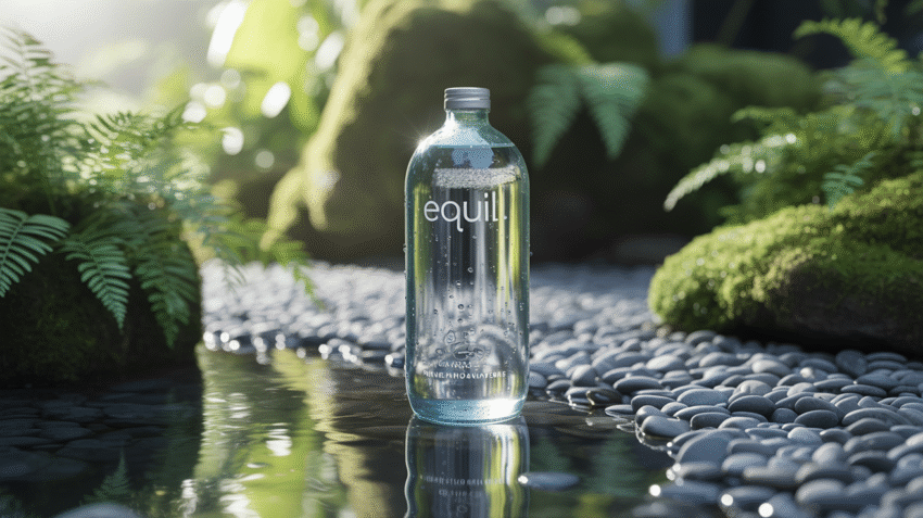 Botol air mineral Equil dengan tetesan air segar di latar belakang alami