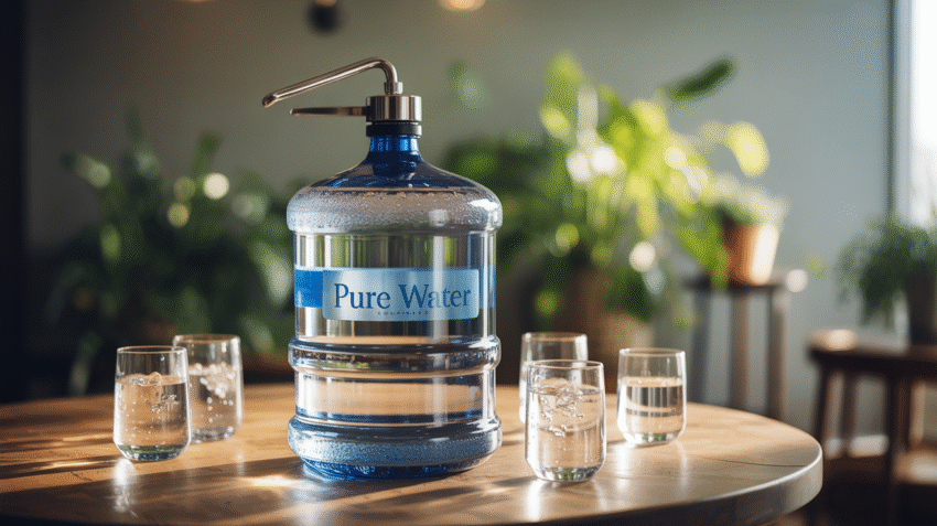Air mineral galon dengan gelas di atas meja kayu, simbol kesehatan dan kesegaran