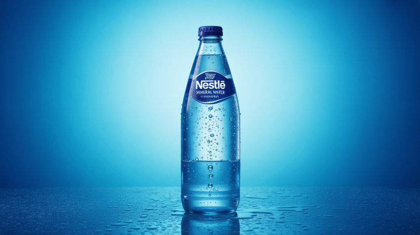 Botol air mineral Nestle dengan tetesan air segar di latar belakang biru cerah