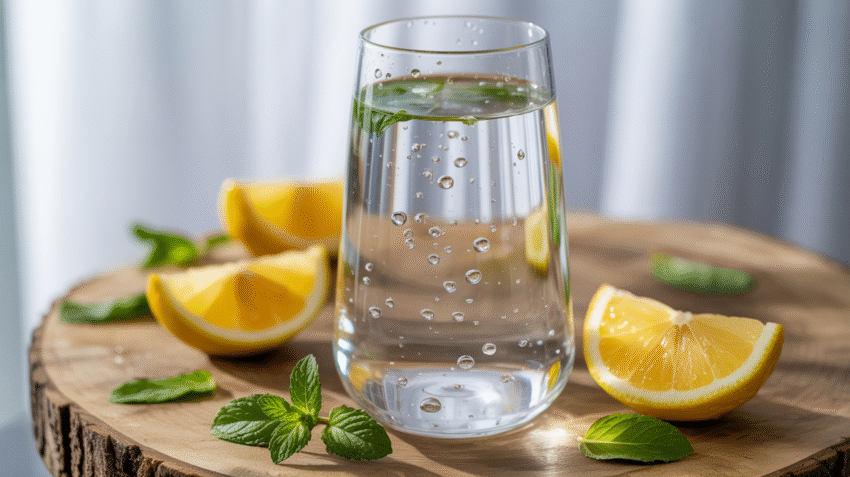 Air mineral pH tinggi dalam gelas dengan latar belakang alami