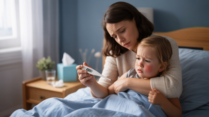 Anak kecil demam dengan ibu memeriksa suhu tubuh menggunakan termometer