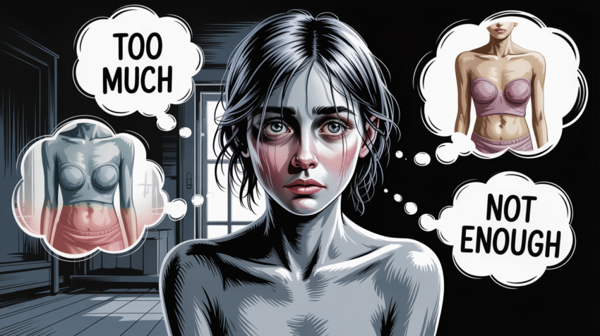 Ilustrasi tentang anoreksia, gangguan makan, dan dampaknya terhadap tubuh.