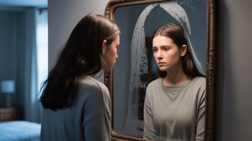 Ilustrasi mengenai anoreksia, dengan gambar seorang individu yang terlihat cemas mengenai penampilan tubuhnya.