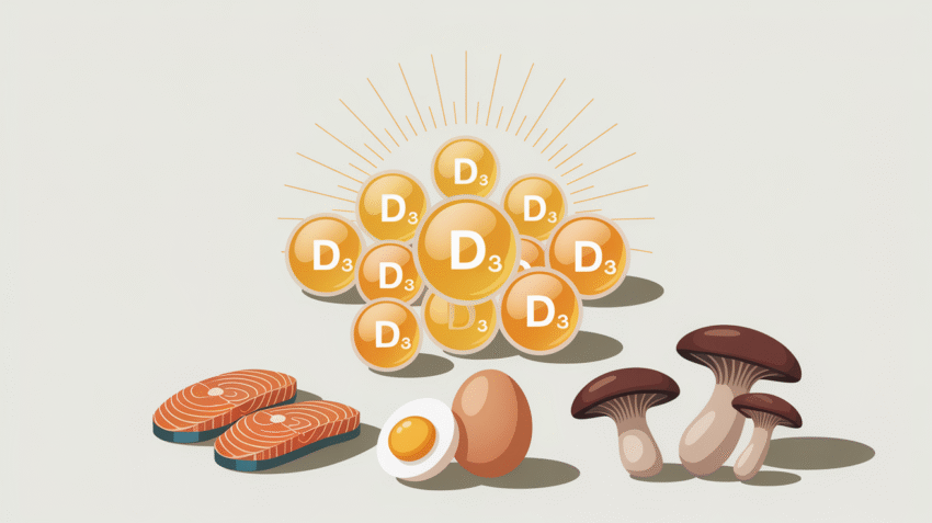 Ilustrasi vitamin D dengan sinar matahari dan makanan sumber vitamin D
