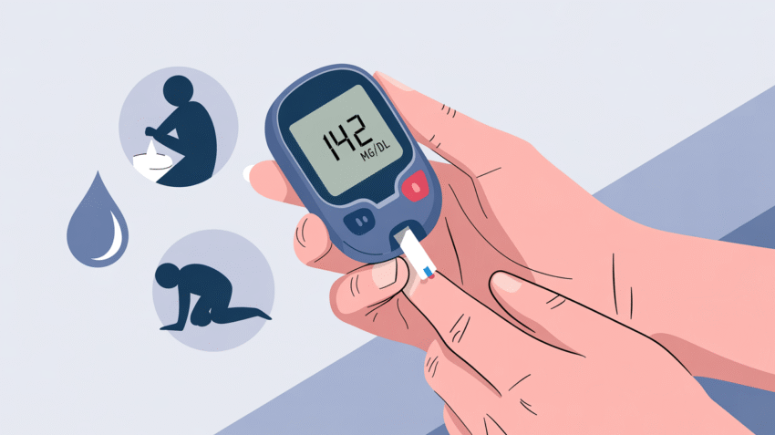 Ilustrasi gejala diabetes dengan gambar orang memeriksa gula darah