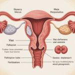 Ilustrasi kesehatan reproduksi pria dan wanita dengan diagram anatomi